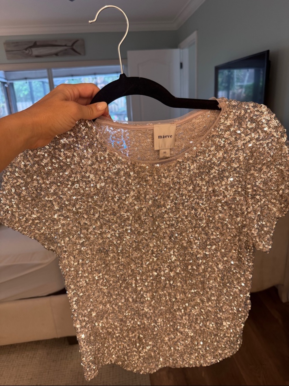 Maeve Silver Sequin Short Sleeve Tee